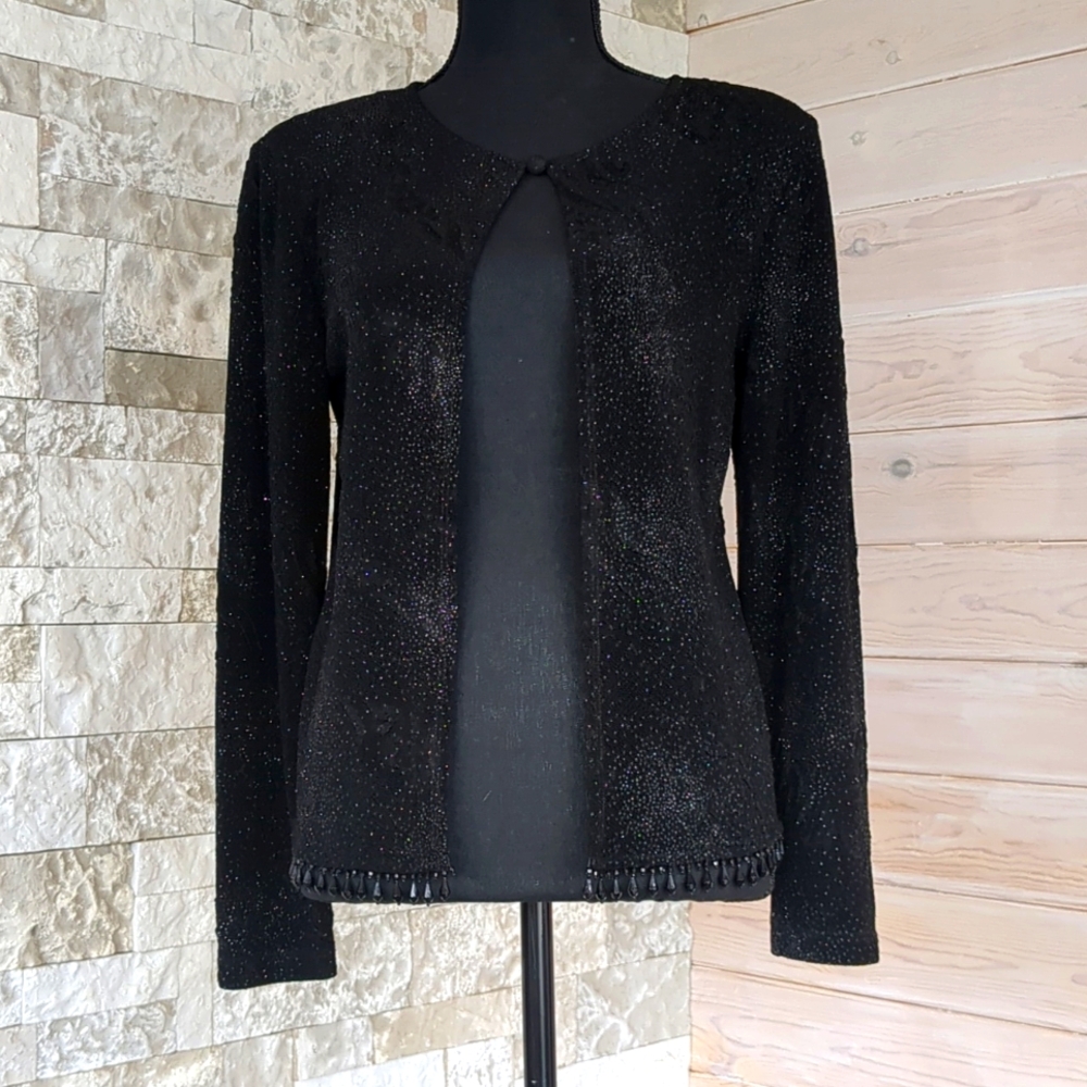 MSK VTG 90s Jacket Black & Silver Metallic Chandelier Beaded Trim Open Front EUC